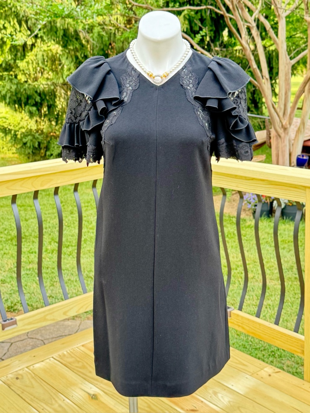 NWT Rebecca Taylor Black Crepe Lace Midi A-Line Dress